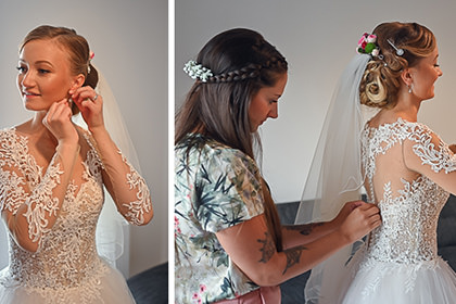 Getting Ready der Braut: Ohrringe, Frisur und Schnüren des Brautkleids